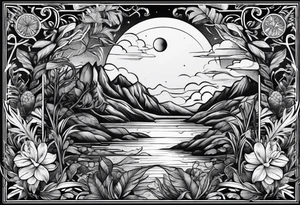 sleeve tattoo with jungle plants and Vegvisir, moon and beach tattoo idea