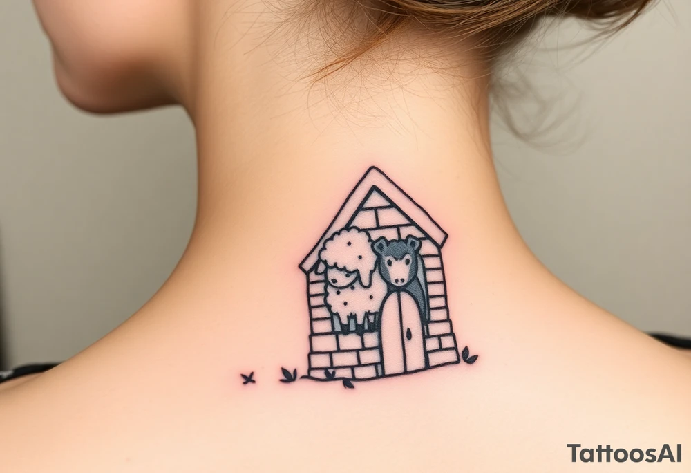 Three little pigs nursery Wolf and sheep as one hybrid 
animal hiding in a brick house from the big bad wolf I'll huff and puff blow house down tattoo idea