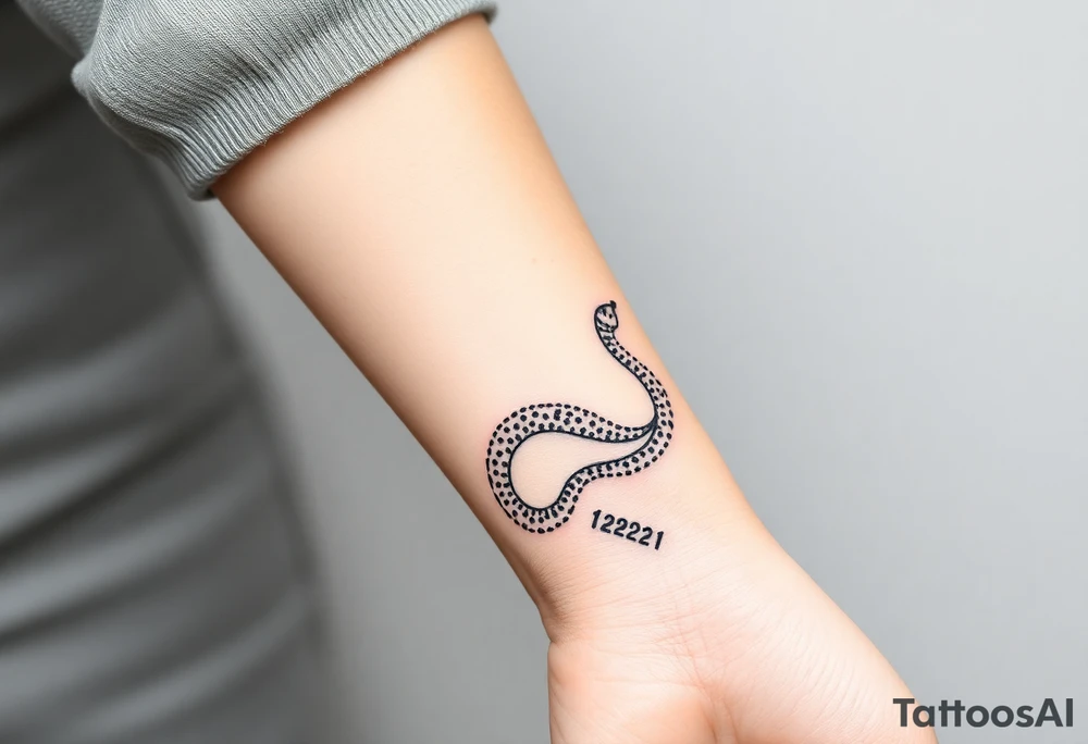I want a small simple silhouette lines black and white wrist princess like girl snake tattoo that has number 12821 on its body along and also I want it to represent feminine energy crown queen Cycle tattoo idea