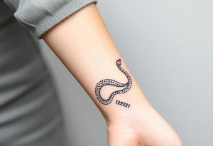 I want a small simple silhouette lines black and white wrist princess like girl snake tattoo that has number 12821 on its body along and also I want it to represent feminine energy crown queen Cycle tattoo idea