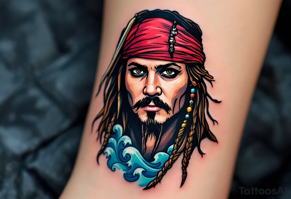 A detailed portrait of Jack Sparrow’s face, with his signature braided beard and beads, surrounded by a backdrop of swirling ocean waves in shades of deep blue and turquoise, creating a sense of adventure. tattoo idea