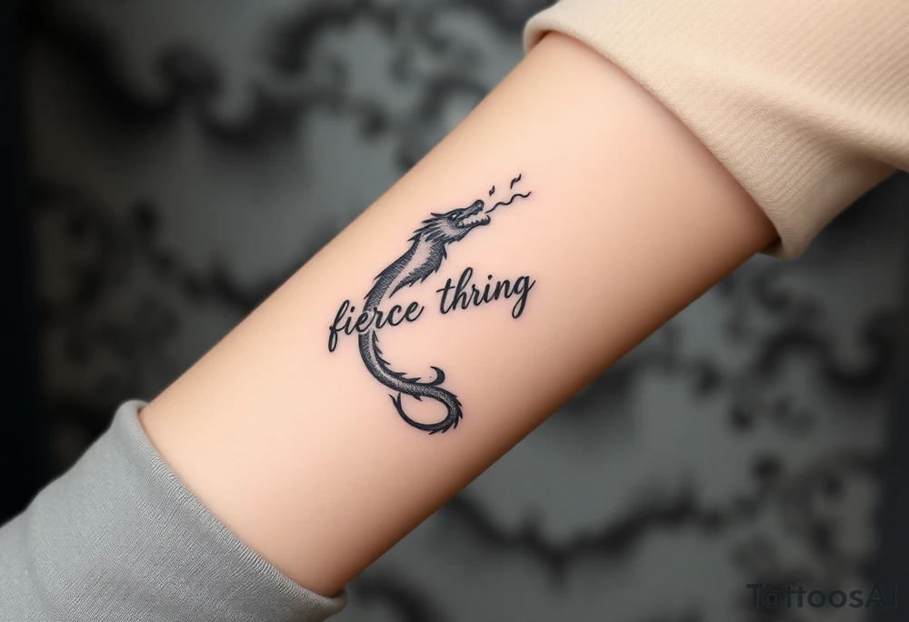 fierce dragon breathing iridescent fire against stormy skies tattoo idea