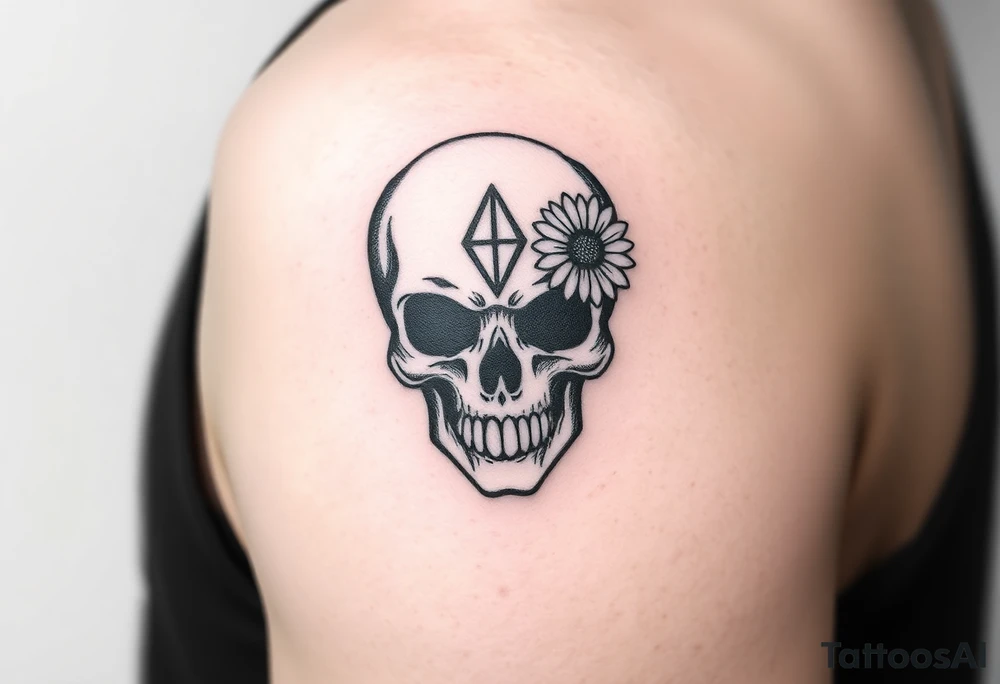Masculine skull with a diamond and daisy tattoo idea