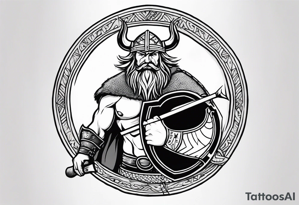 Create sleeve Tattoo of  a viking warrior with holding a shield and axe and on the shield have a gold lion from a coat of arms, tattoo idea