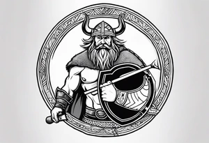 Create sleeve Tattoo of  a viking warrior with holding a shield and axe and on the shield have a gold lion from a coat of arms, tattoo idea