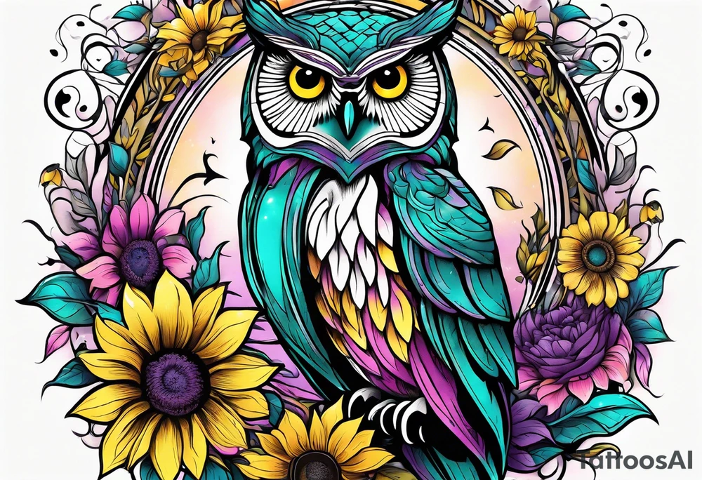 Owl lightly colored teal, pink and purple surrounded by yellow sunflowers sleeve tattoo idea