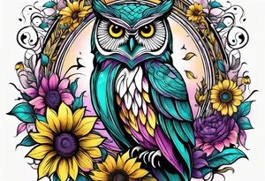 Owl lightly colored teal, pink and purple surrounded by yellow sunflowers sleeve tattoo idea