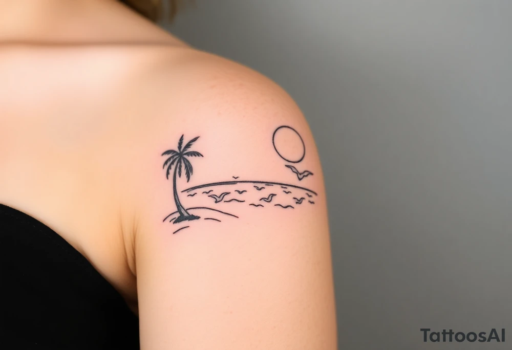 happy, peaceful, serene, timeless, ocean, sand, palm tree, seagulls, sun, subtle, masculine tattoo idea