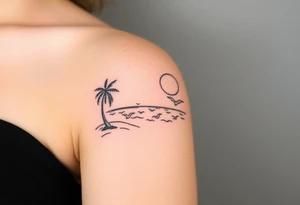 happy, peaceful, serene, timeless, ocean, sand, palm tree, seagulls, sun, subtle, masculine tattoo idea
