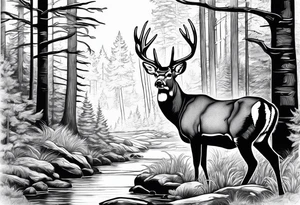 Forest with stream and whitetail buck for men tattoo idea