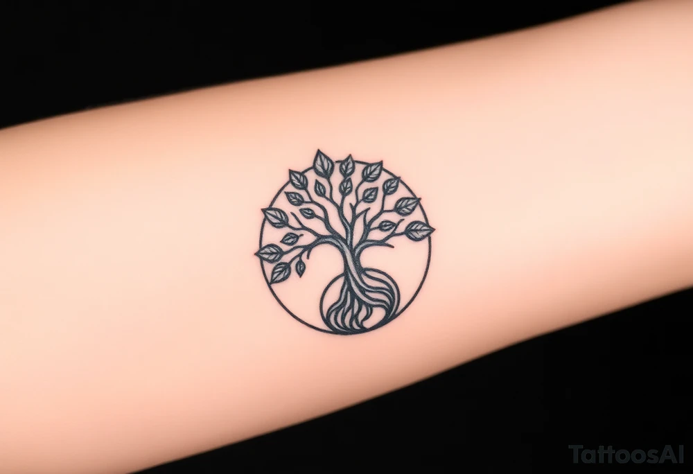 Tree with few leaves encircled in a spiral circle starting from the center of the tree tattoo idea