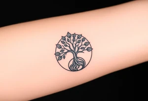 Tree with few leaves encircled in a spiral circle starting from the center of the tree tattoo idea
