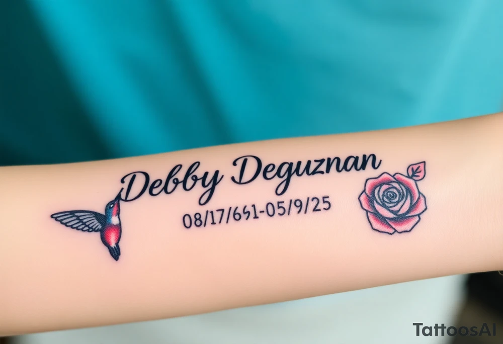 Tattoo of the exact name Debby Deguzman in chunky curly cursive with the exact dates of 08/17/61-05/29/25 surrounded by 1 hummingbird and 1 rose tattoo idea