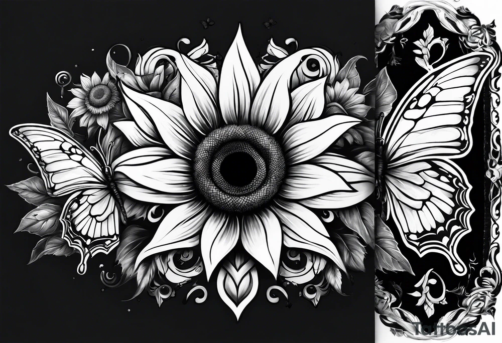 Arm sleeve with Winged cross with sunflower and butterflies tattoo idea