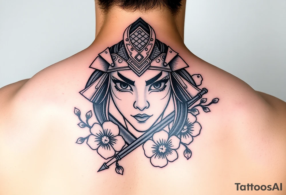 Samurai Asian face warrior
 with a fan across her face with cherry blossom with wind tattoo idea