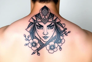 Samurai Asian face warrior
 with a fan across her face with cherry blossom with wind tattoo idea