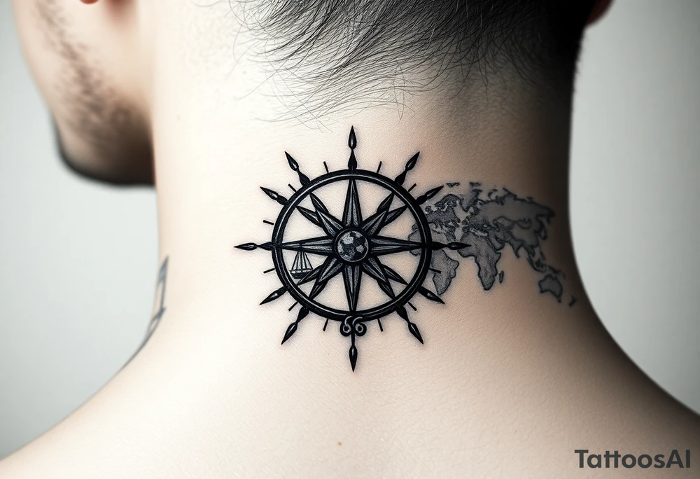 antique compass rose overlaid on weathered world map with sailing ships tattoo idea