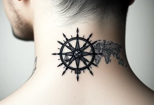 antique compass rose overlaid on weathered world map with sailing ships tattoo idea