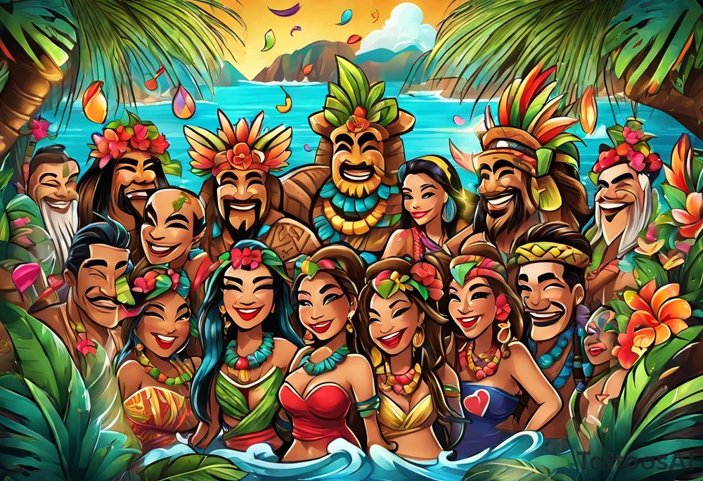 tiki party with dancing tiki guys and sexy tiki girls with music notes and confetti tattoo idea