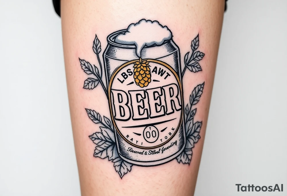 A vintage-style beer can with a retro label, featuring bold typography, a golden hop emblem, and subtle weathered textures. The can is slightly tilted, with frothy foam dripping over the top, and surrounded by barley stalks and hop vines tattoo idea