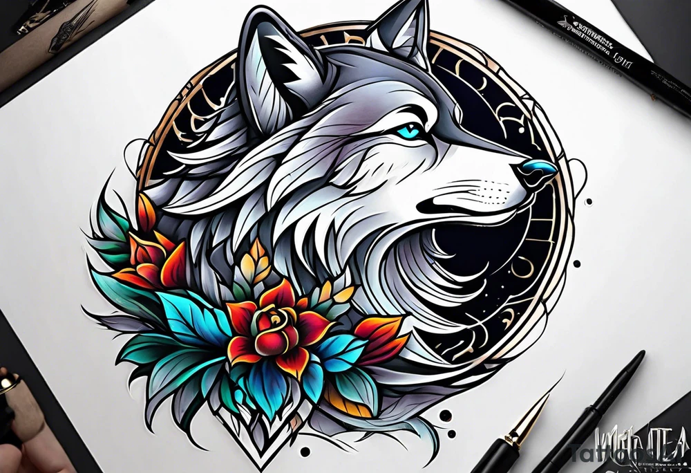 Neotraditional wolf tattoo idea