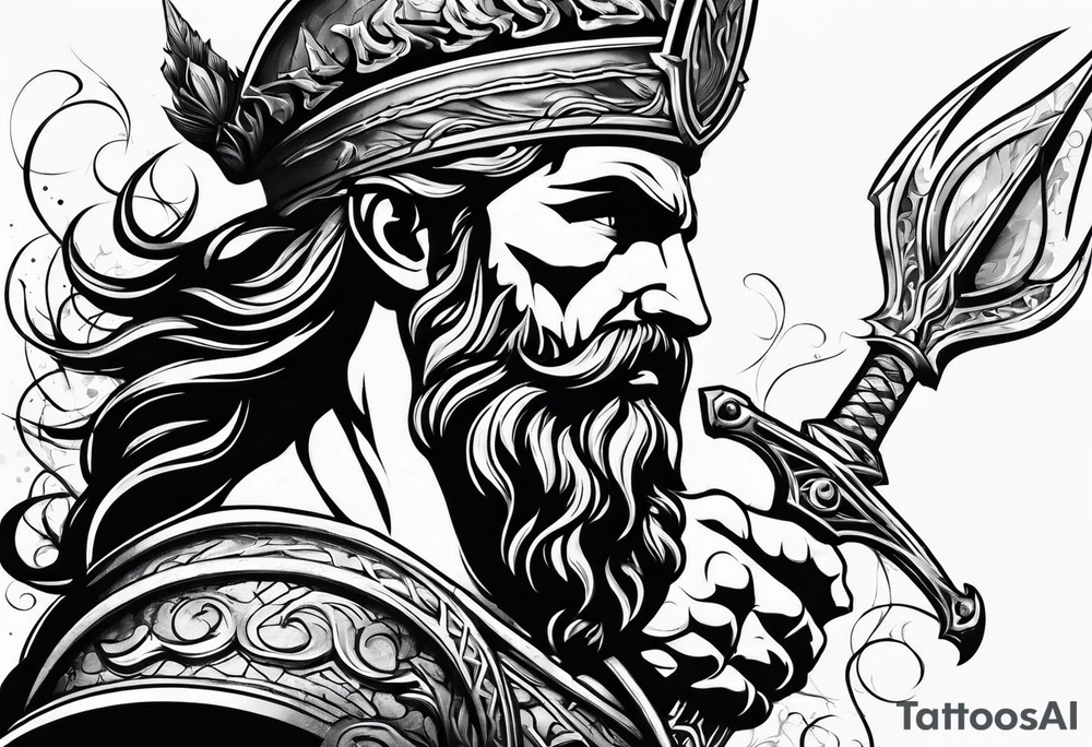 Poseidon side face profile and trident tattoo idea
