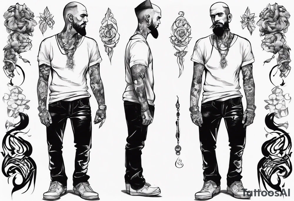 Man standing full-length, smoking, earrings in ears, no headgear tattoo idea