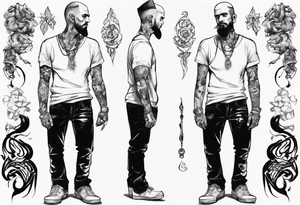 Man standing full-length, smoking, earrings in ears, no headgear tattoo idea