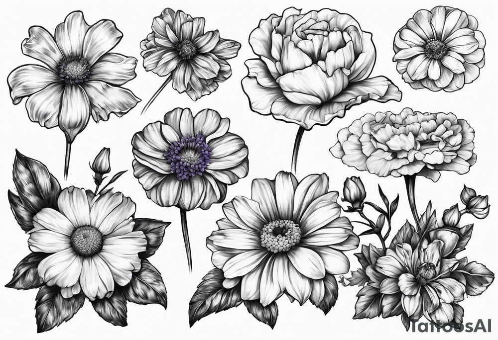 one larkspur, one carnation, one violet and one daisy and tied together with bow tattoo idea