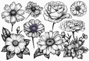 one larkspur, one carnation, one violet and one daisy and tied together with bow tattoo idea