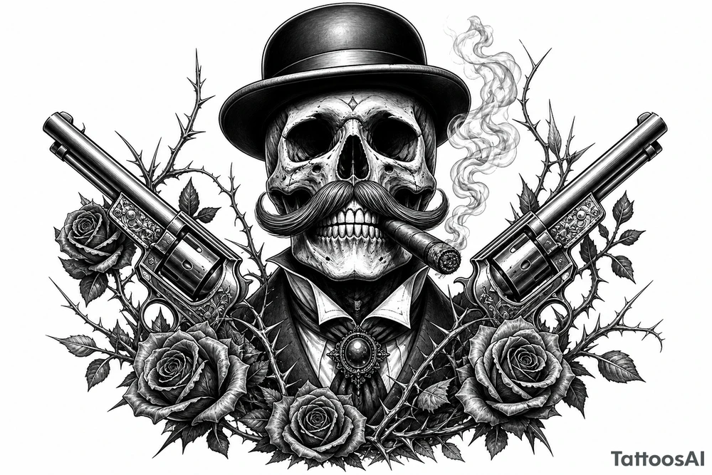 Gothic skull in bowler hat, handlebar mustache, holding smoking cigar, antique revolvers at sides, thorny roses. tattoo idea