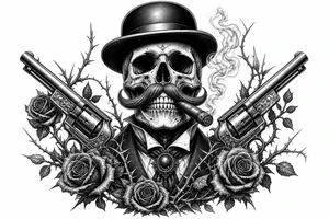 Gothic skull in bowler hat, handlebar mustache, holding smoking cigar, antique revolvers at sides, thorny roses. tattoo idea
