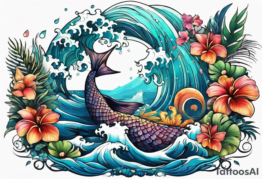 sea, flower, palm, animal tattoo idea