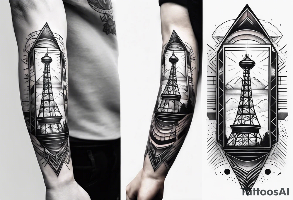 Radio radar tower, geometric patterns around arm, beginning at the wrist tattoo idea