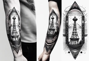 Radio radar tower, geometric patterns around arm, beginning at the wrist tattoo idea