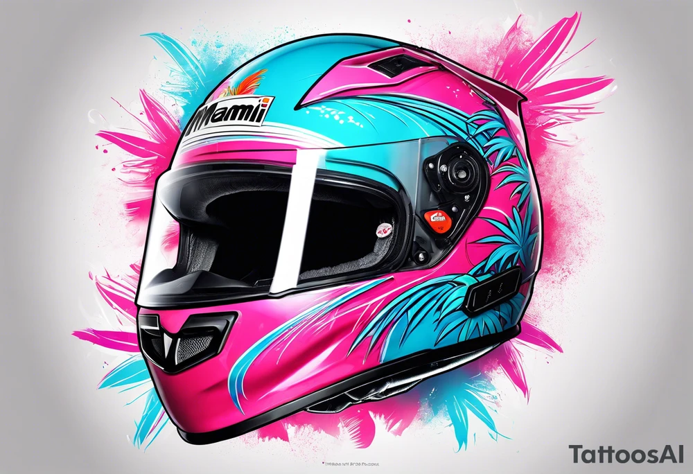 Formula 1 Helment with the Miami name a palm tree and pink and light blue colors tattoo idea