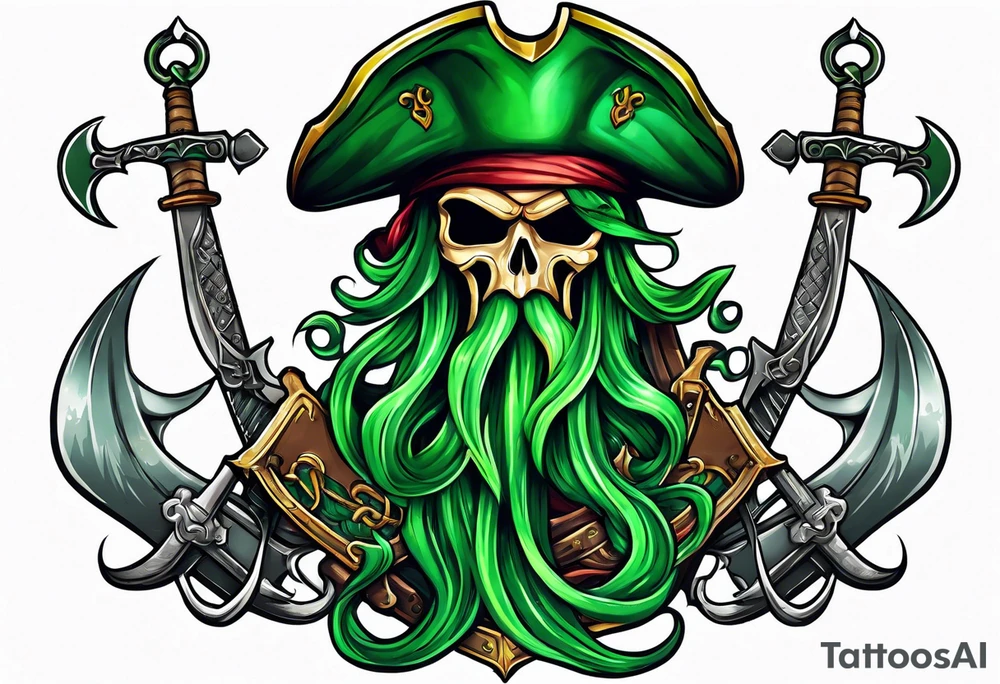 green pirate squid holding sword and anchor tattoo idea