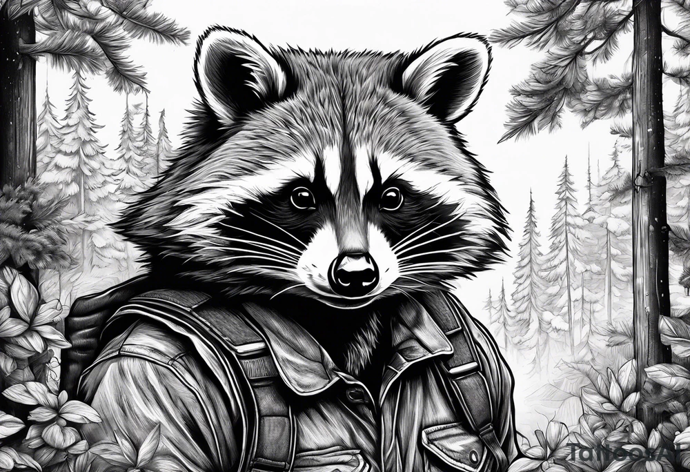 Powerful raccoon builder, in the Back a New Home Surrounded by woods tattoo idea