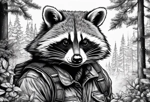 Powerful raccoon builder, in the Back a New Home Surrounded by woods tattoo idea