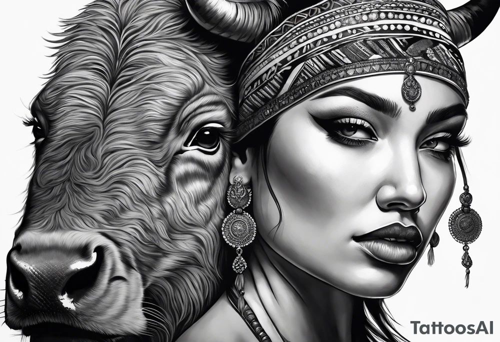 buffalo standing with head turned towards the viewer. woman with bead headband sitting up on the buffalo's back,  with head turned forward so we can see her whole face tattoo idea