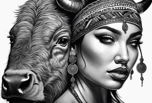 buffalo standing with head turned towards the viewer. woman with bead headband sitting up on the buffalo's back,  with head turned forward so we can see her whole face tattoo idea