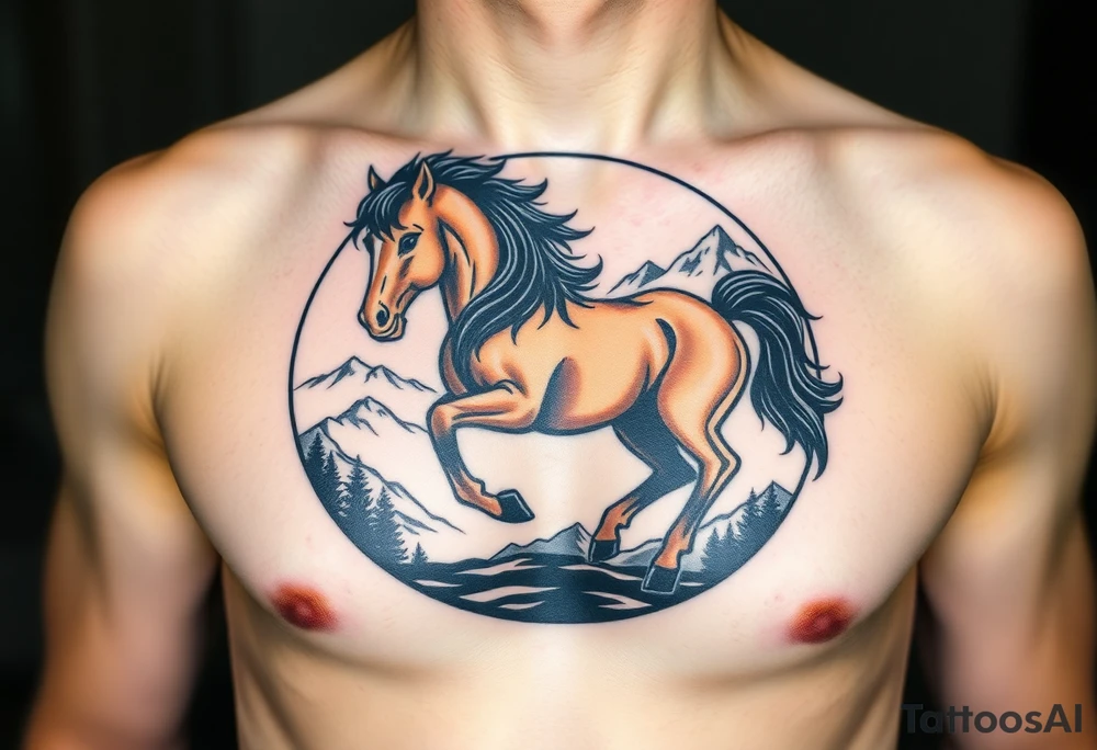 A golden mustang horse with black mane and legs, captured in motion inside a circle. The mountains and nature should frame the design, blending with the horse's black fur as a base to represent the landscape. Experiment with using the black fur to shape the mountains, playing with edges or interior details. tattoo idea