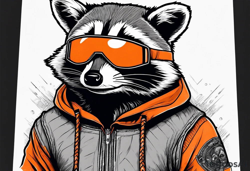 Raccoon wearing an orange Superman hoodie tattoo idea