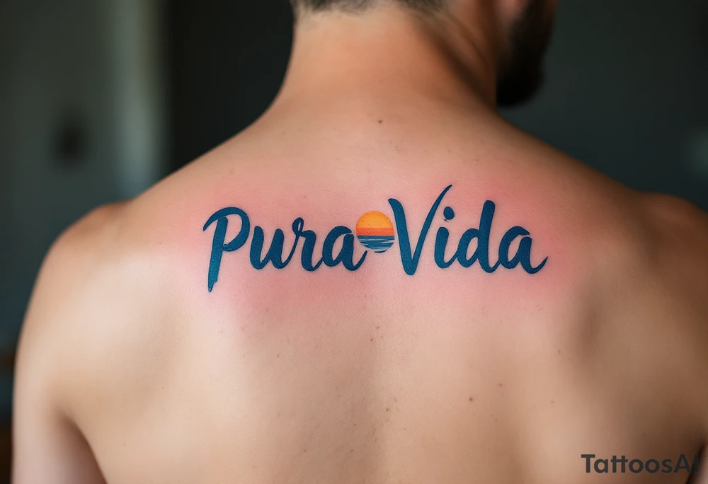 “Pura Vida” in all caps, inked in deep indigo with a silhouette of a surfer and soft orange horizon. tattoo idea