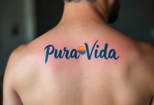 “Pura Vida” in all caps, inked in deep indigo with a silhouette of a surfer and soft orange horizon. tattoo idea