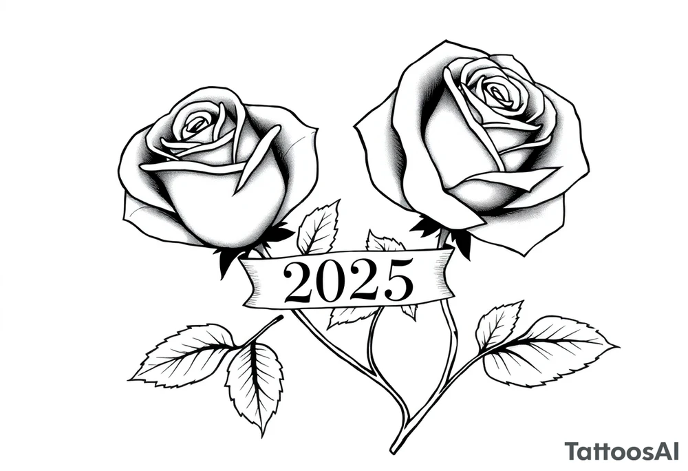 two beautiful large rose buds, one larger than the other, with many leaves next to the rose buds, with one sitting higher than the other. Include a banner connecting the two roses with the year "2025" on it.   Use dark outlines with little shading. The two stems should be short, not long, and connect and join into one stem, whimsically curved or twisted - not straight down. tattoo idea