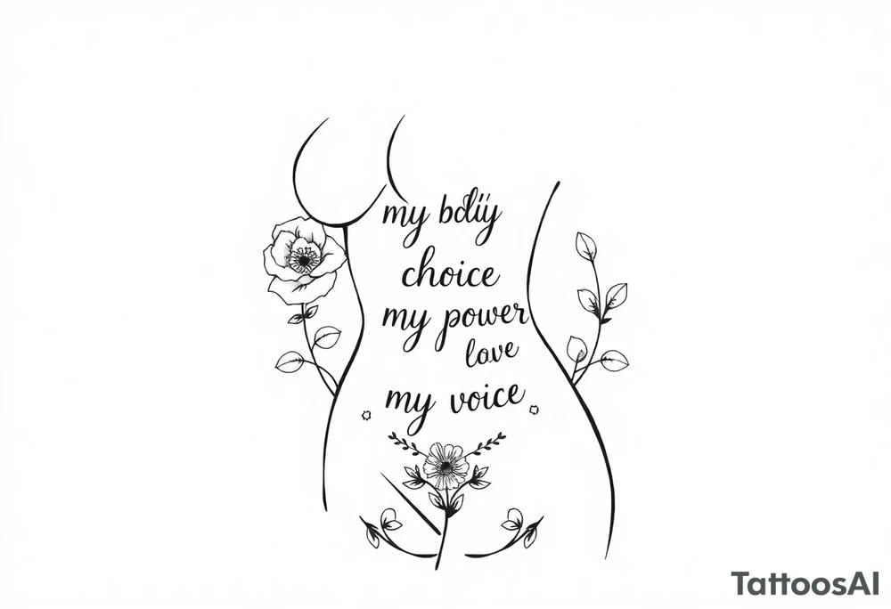 My body my choice my power my voice inside the outline of a Curvy tattooed woman's body with a floral frame around it tattoo idea