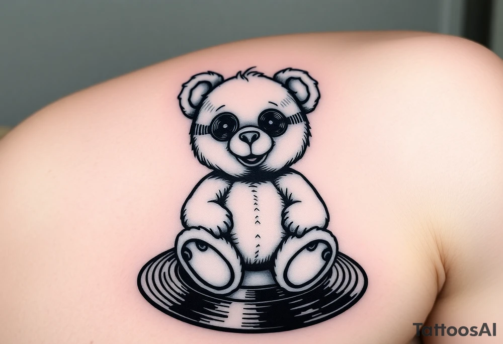 minimalist teddy bear with vinyl records as eyes smiling and sitting on a record tattoo idea