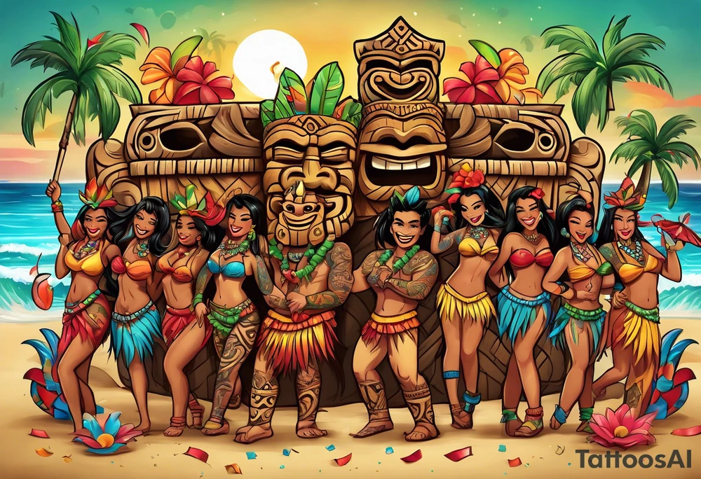 hulu tiki party with dancing tiki guys and sexy tiki girls on a beach with music notes and confetti around a blank space in the middle tattoo idea