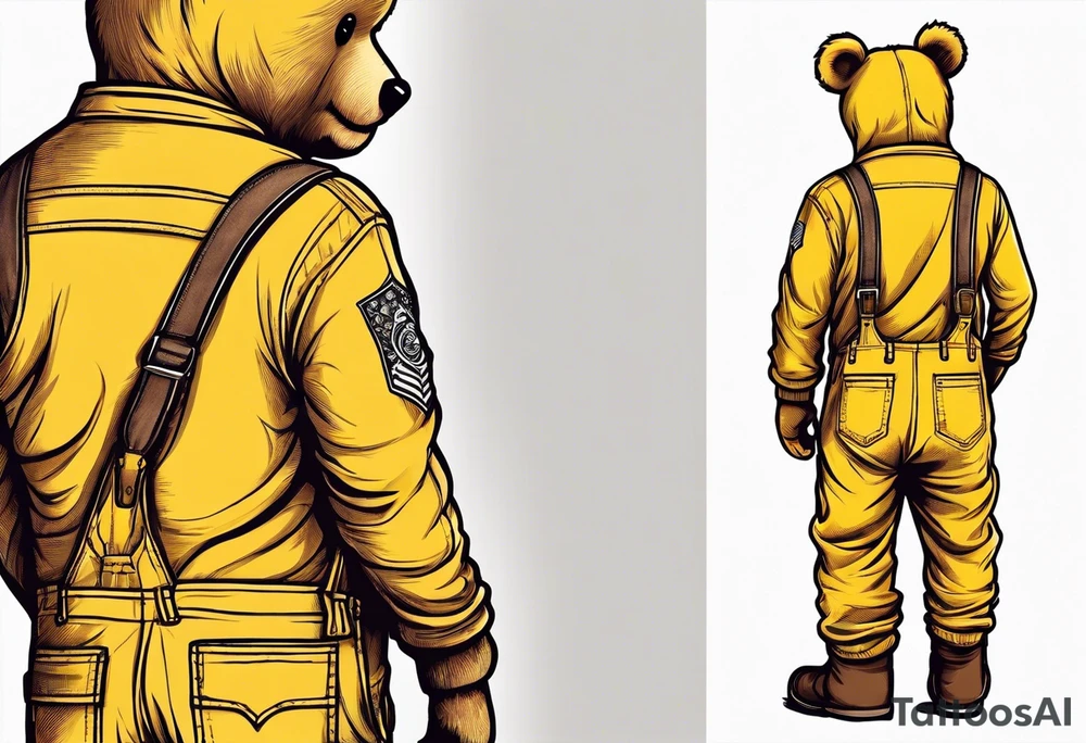 the back of a standing, skinny, brown ,
teddy bear in long, yellow overalls tattoo idea
